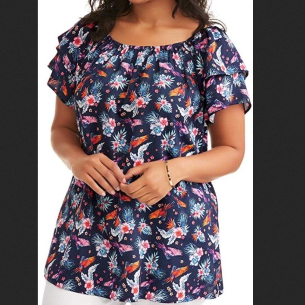 Terra & Sky Navy Floral Flutter Sleeve Peasant Top Plus Size 2X